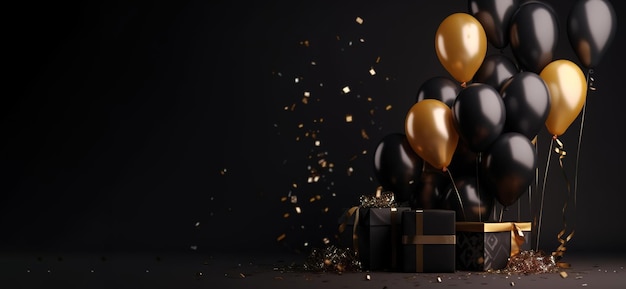 Celebración fondo negro con globos negros y dorados regalos y confeti Lugar para el texto