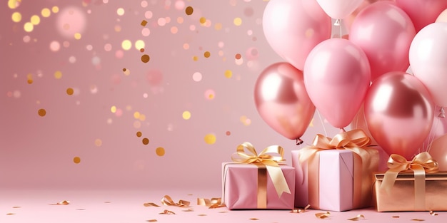 Celebración fondo rosa con globos de oro rosa regalos y confeti
