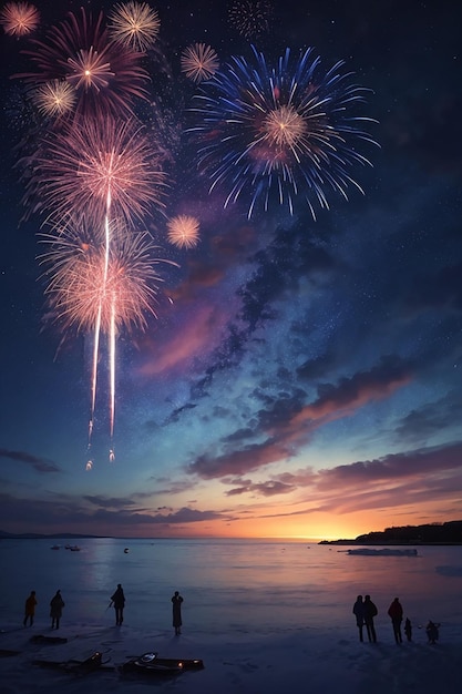 Celebración de fuegos artificiales en el cielo nocturno sobre el mar.