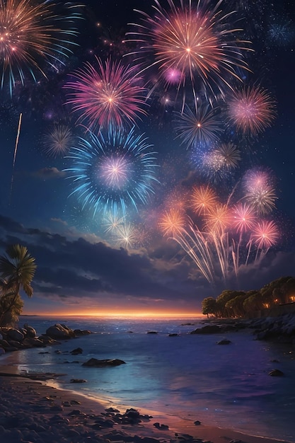 Celebración de fuegos artificiales en el cielo nocturno sobre el mar.