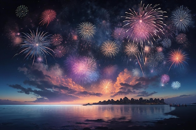 Celebración de fuegos artificiales en el cielo nocturno sobre el mar.