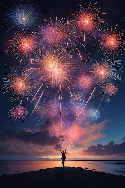 Celebración de fuegos artificiales en el cielo nocturno sobre el mar.