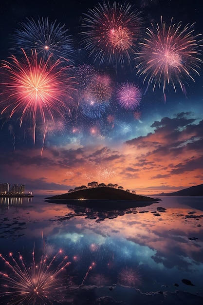 Celebración de fuegos artificiales en el cielo nocturno sobre el mar.