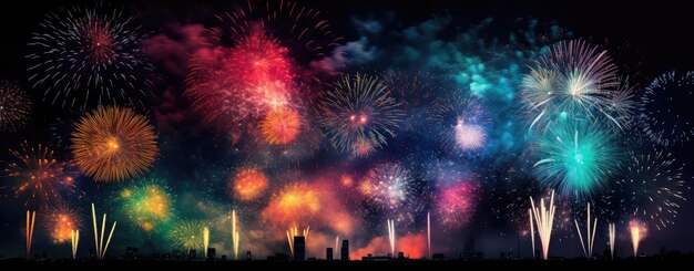 Foto celebración con fuegos artificiales en el cielo oscuro explosión de colores ia generativa