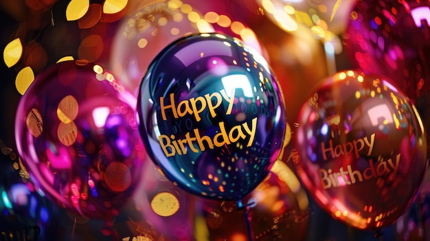 Celebración de globos brillantes con mensajes de cumpleaños felices