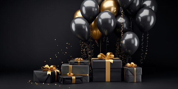 Celebración de globos dorados y regalos sobre fondo negro.