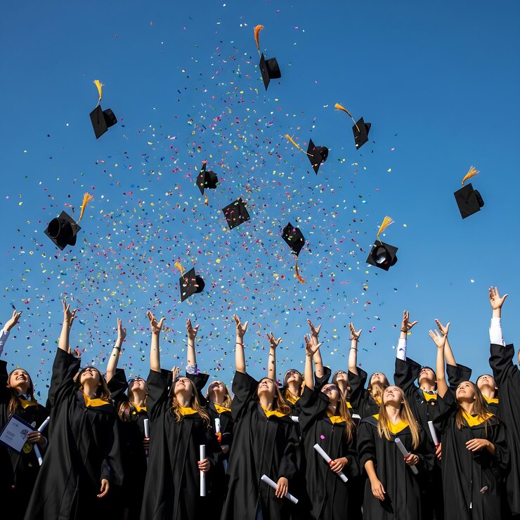 Celebración de la graduación Estudiantes lanzando gorras en el aire