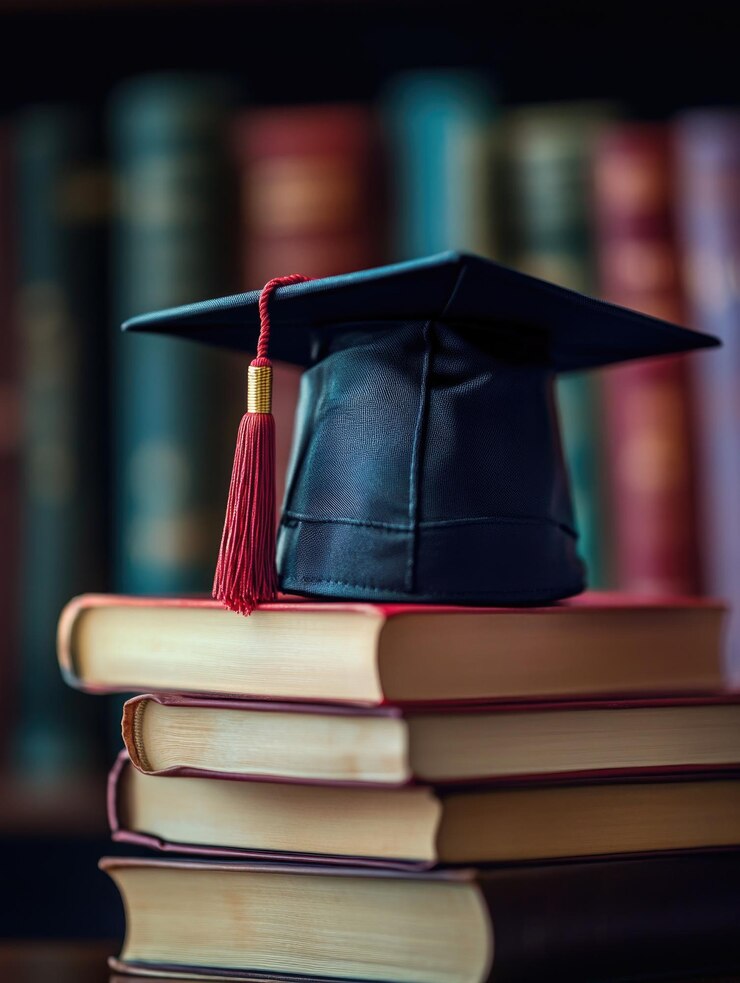 Celebración de graduación con libros y gorra