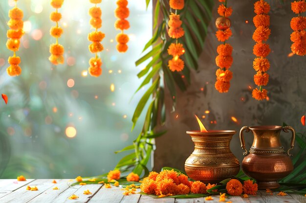 Foto celebración de gudi padwa con olla de cobre y fondo de decoración