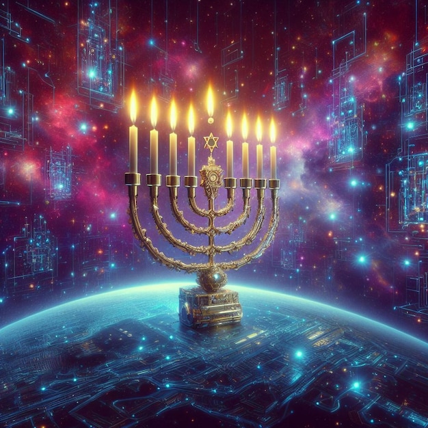 Celebración de Hanukkah en el espacio Menorás flotando en el espacio Imágenes de fondo de Hanukka Día de Hanukka