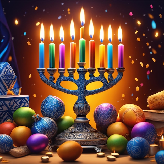 Celebración de Hanukkah que captura el momento del milagro del petróleo con colores vibrantes y luz cálida