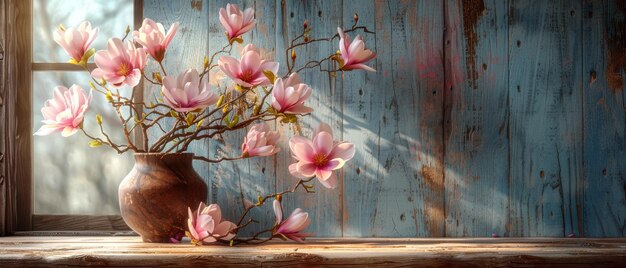 Foto en una celebración interior, las flores de magnolia bordean el telón de fondo de una pared y ventana de madera en mal estado