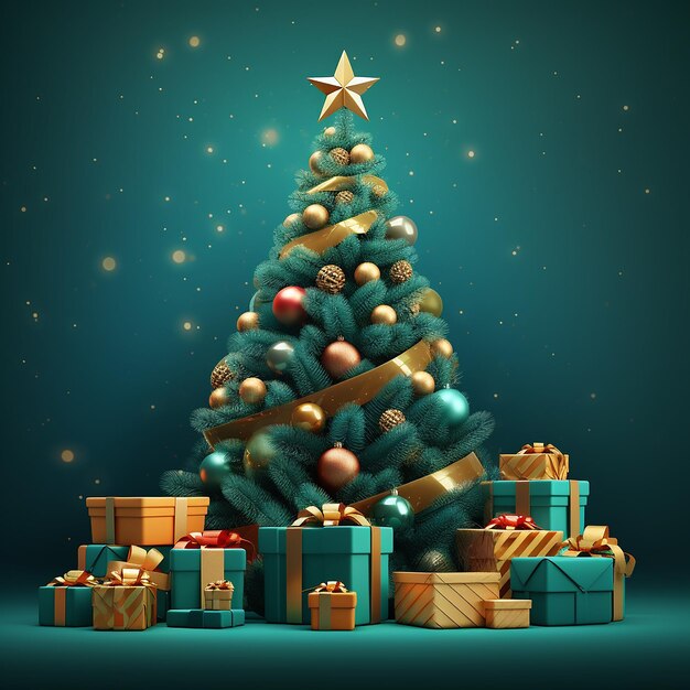 Foto celebración de invierno árbol de navidad adornado con regalos generados por ia