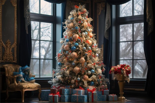Foto celebración de invierno árbol de navidad adornado con regalos