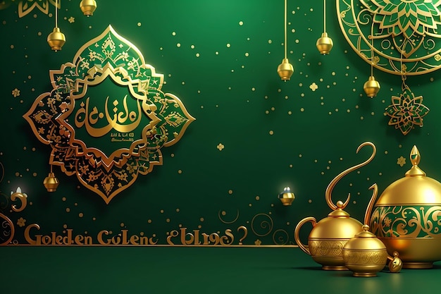 Celebración islámica del Eid Mubarak de oro en un fondo verde