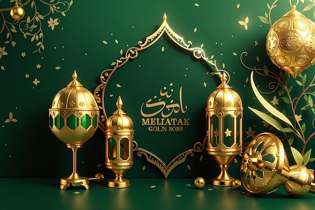 Celebración islámica del Eid Mubarak de oro en un fondo verde