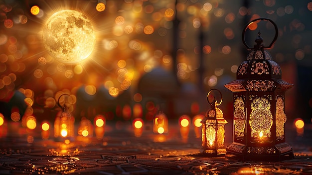 Foto celebración islámica ramadán y eid mubarak diseño con caja de regalo de luna creciente e ilustración 3d