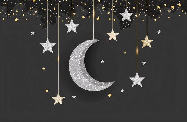 Celebración islámica Ramadán y Eid Mubarak Diseño con caja de regalo de luna creciente y hombre de oración 3