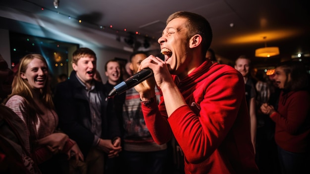 Foto celebración de karaoke amigos de todas las capacidades cantan con alegría y camaradería