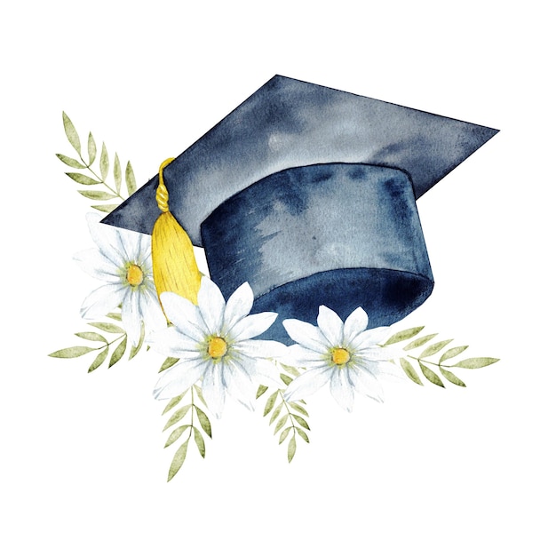 Celebración de logros académicos con diseño de gorra de graduación floral Fin del curso Para tarjeta de invitación de diploma de certificado Aislado Concepto de educación Graduación instituto universitario escuela