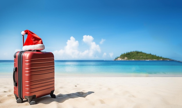 Celebración de Navidad y Año Nuevo sombrero de Papá Noel en carrito de maletas con playa tropical