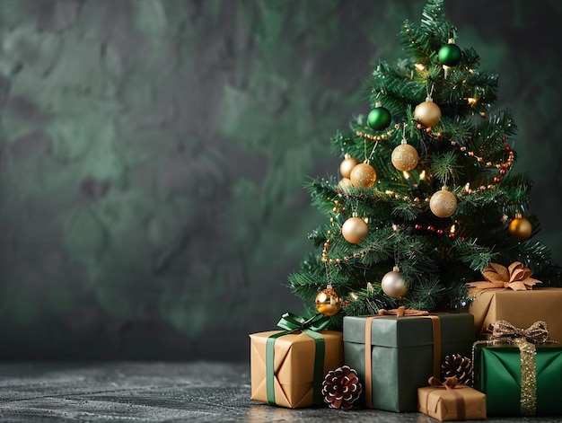 Celebración de Navidad con árbol de Navidad decorado y algunos regalos