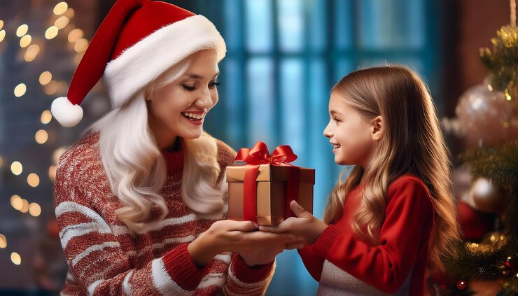Celebración de Navidad con Santa Claus dando regalos a los niños generador de IA
