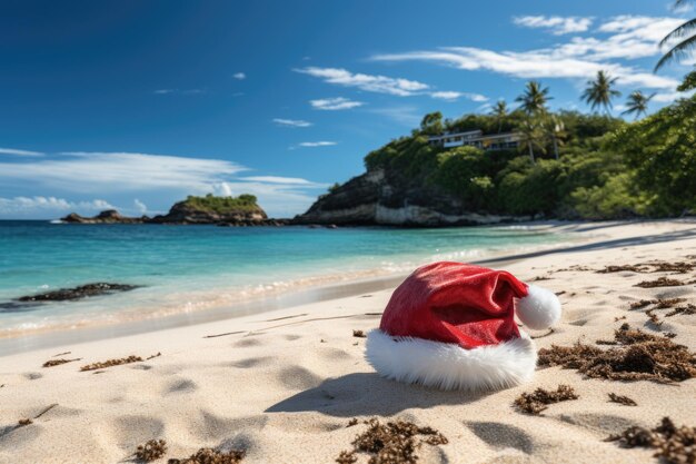 Celebración de Navidad con el sombrero de Papá Noel en una playa tropical