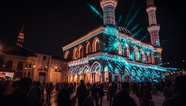 Celebración nocturna en una plaza llena de gente con un minarete iluminado generado por IA