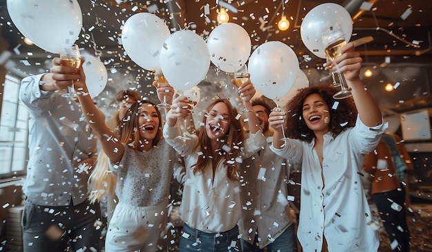 Foto celebración de la oficina con brindis y globos en ai