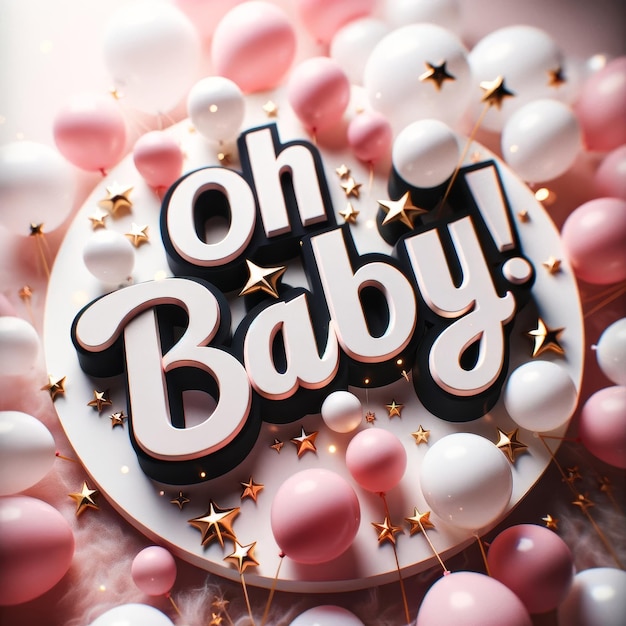 Foto celebración oh baby con globos rosas y estrellas doradas