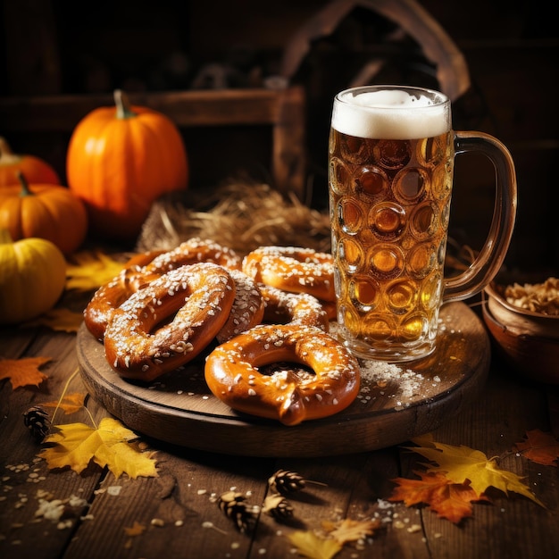 Celebración del Oktoberfest con cerveza y pretzels.