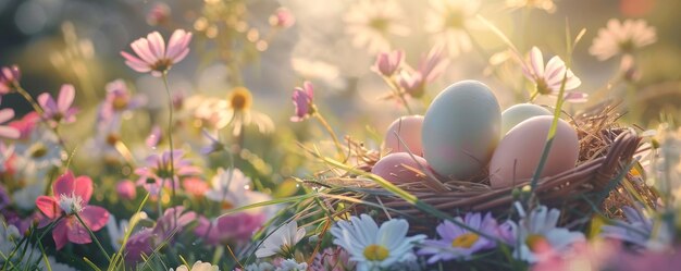 Una celebración pacífica de la Pascua Cestas de huevos de colores suaves que se deleitan en la luz de la mañana