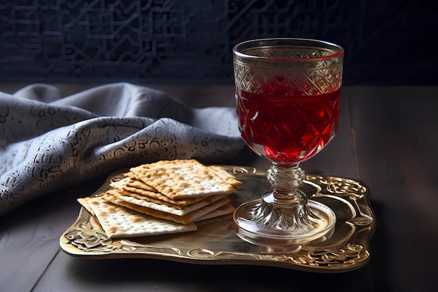 Celebración de la Pascua judía con vino y matzo en el fondo de madera Ilustración de IA generativa