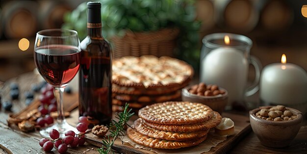 La celebración de la Pascua con vino y matza en el fondo de madera