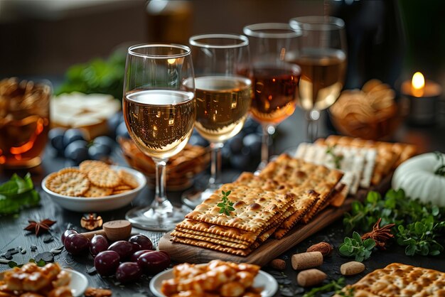 La celebración de la Pascua con vino y matza en el fondo de madera