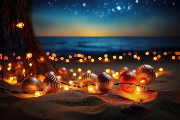 Celebración en la playa al anochecer con decoración festiva paisaje iluminado y vista serena del océano