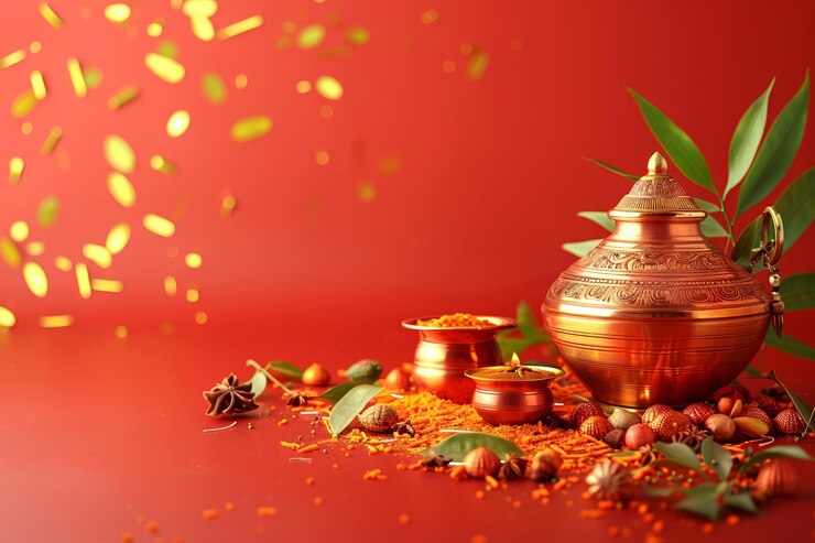 Celebración realista de gudi padwa Fondo rojo con olla de cobre y concepto de decoración