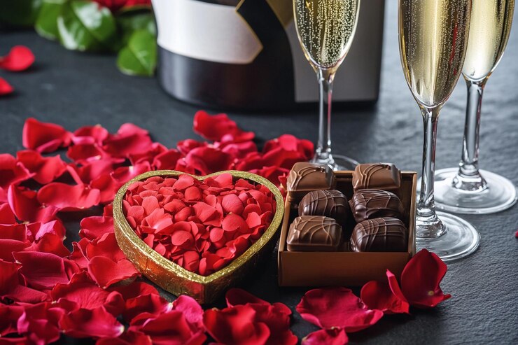 Celebración romántica con chocolates pétalos de rosa y bebidas gaseosas para una ocasión especial Generat