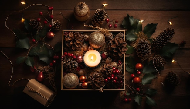 Una celebración rústica de invierno con adornos navideños y velas generadas por IA