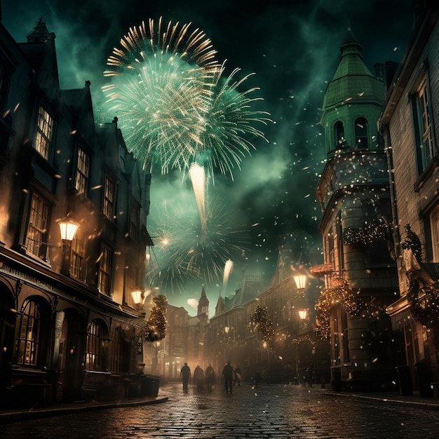 Celebración de San Patricio con fuegos artificiales en una calle adoquinada en el casco antiguo por la noche generada por IA