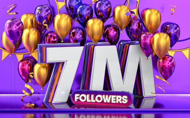 Celebración de seguidores de 7 millones gracias banner de redes sociales con representación 3d de globos morados y dorados