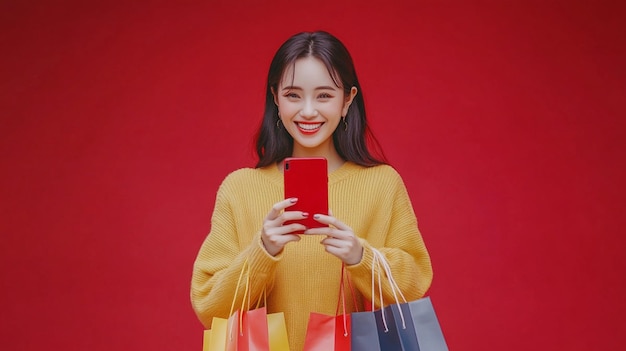 celebración sonriente mujer asiática disfrutando de las compras ella muestra compras en línea aplicación de teléfono inteligente en fondo rojo con bolsas de compras longitud completa