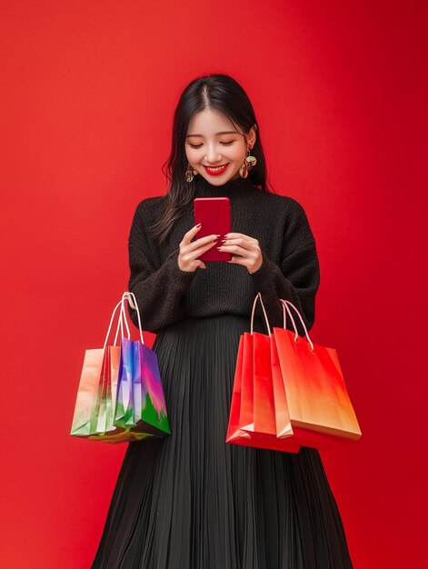 celebración sonriente mujer asiática disfrutando de las compras ella muestra compras en línea aplicación de teléfono inteligente en fondo rojo con bolsas de compras longitud completa