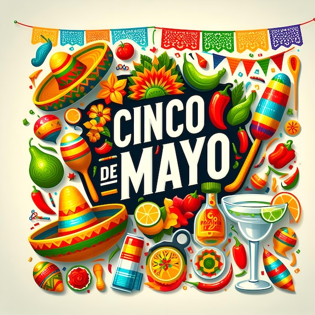 Celebración del texto mexicano cinco de mayo con la ilustración aislada de Sombrero