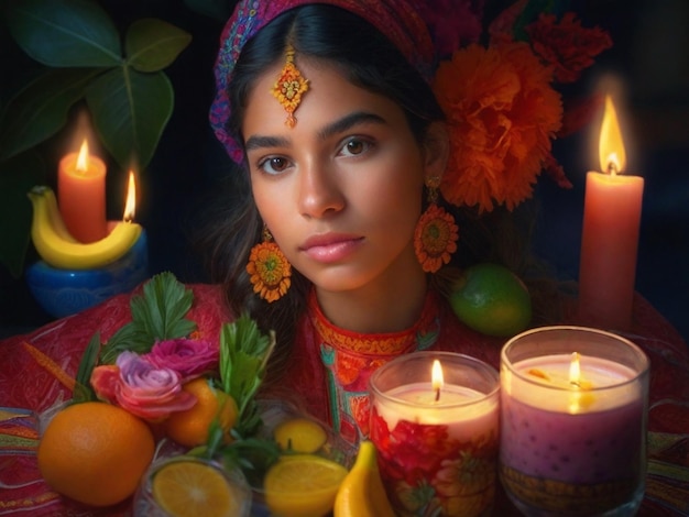 Celebración tradicional colombiana del Día de las Velitas con ensalada de frutas y flores