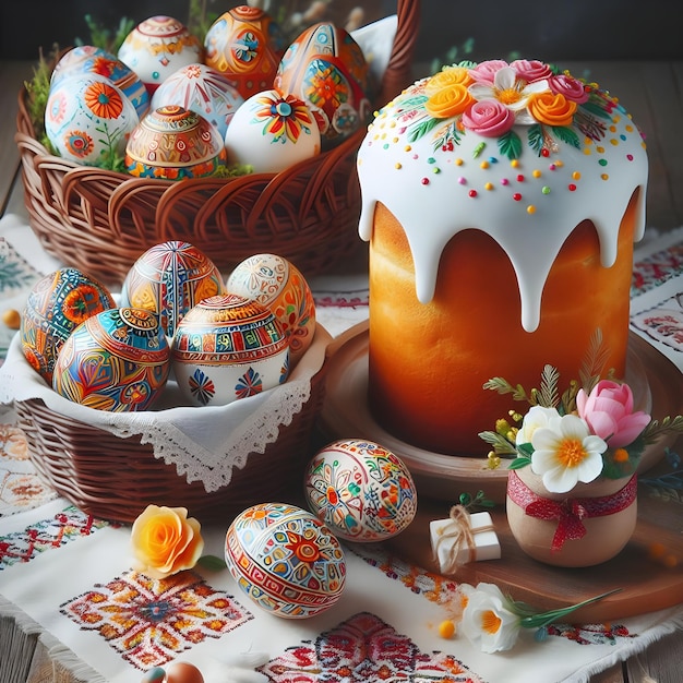 Celebración tradicional de la Pascua con huevos intrincadamente decorados y pan de Pascua dulce
