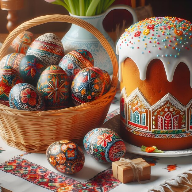 Celebración tradicional de la Pascua con huevos intrincadamente decorados y pan de Pascua dulce