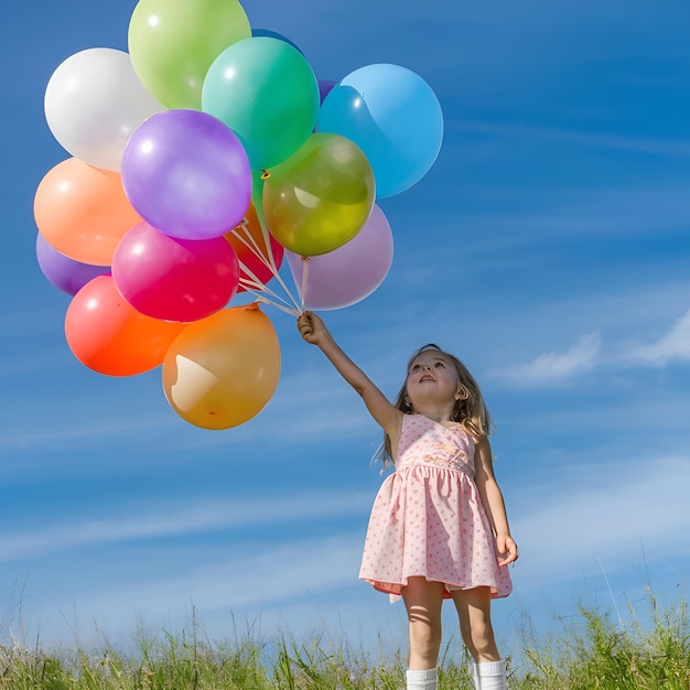 Foto celebración de las vacaciones de verano familia niños y personas concepto chica feliz con globos de colores