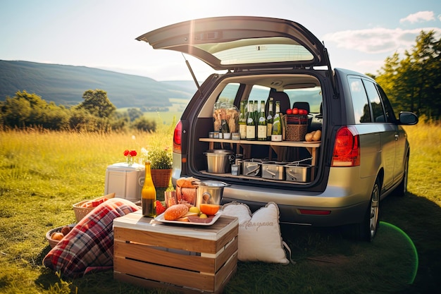 Foto celebración del vatertag con bollerwagen disfrutando de las vacaciones soleadas con la familia para hacer un picnic de senderismo